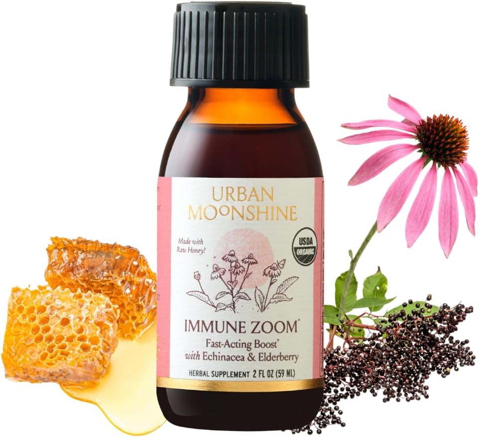 Urban Moonshine Immune Zoom - Fast-Acting Immunity Boost - Organic Elderberry Syrup - Echinacea - Raw Honey - Certified Organic - Natural - 2 Fl Oz