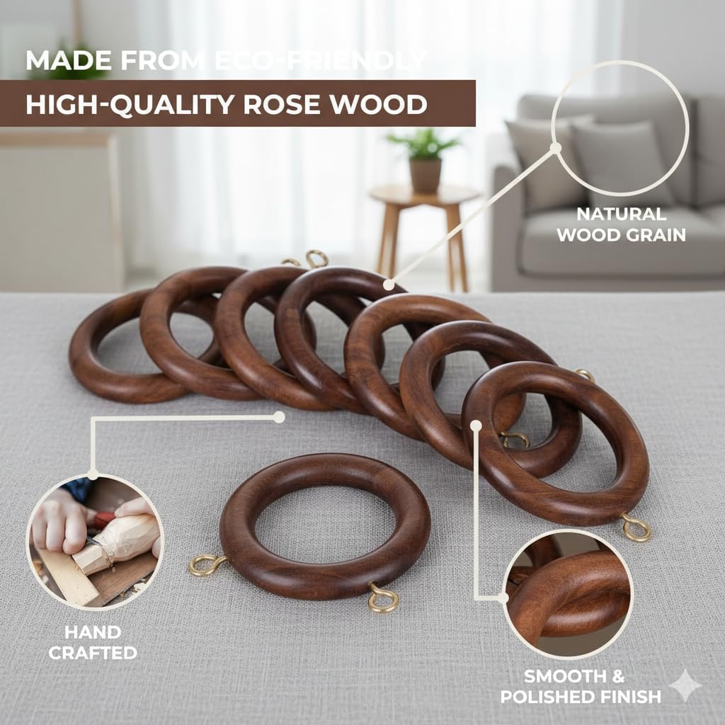 Premium Wooden Window Curtain Drapery Rings with Hooks and Clips Curtain Rod Pole(12Pcs-Inner Día 1.7 Inch, Outer Día 2.5 Inch)