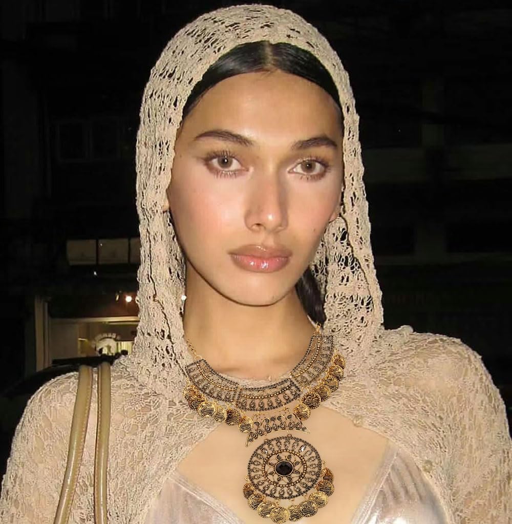 Tassel Engraved Coin Bib Black Gemstone Necklace for Women Punk Vintage Ethnic Boho Gothic Collar Choker Statement Exaggerated Fashion Bohemian Clavicle Necklaces Jewelry Gift - Image 5