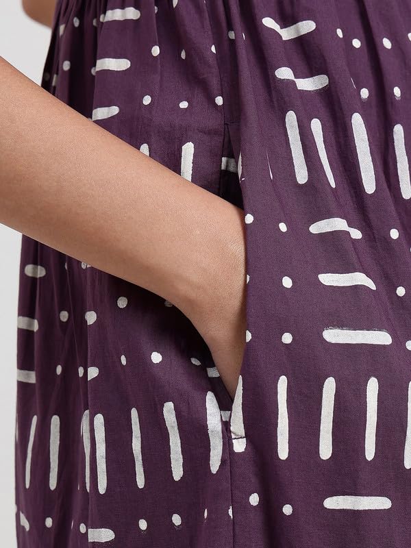 Image of Pink Fort Women Casual Dress | Cotton Fit & Flare Sleeveless Round Neck Midi | Breathable Fabric with Pockets for Summer
