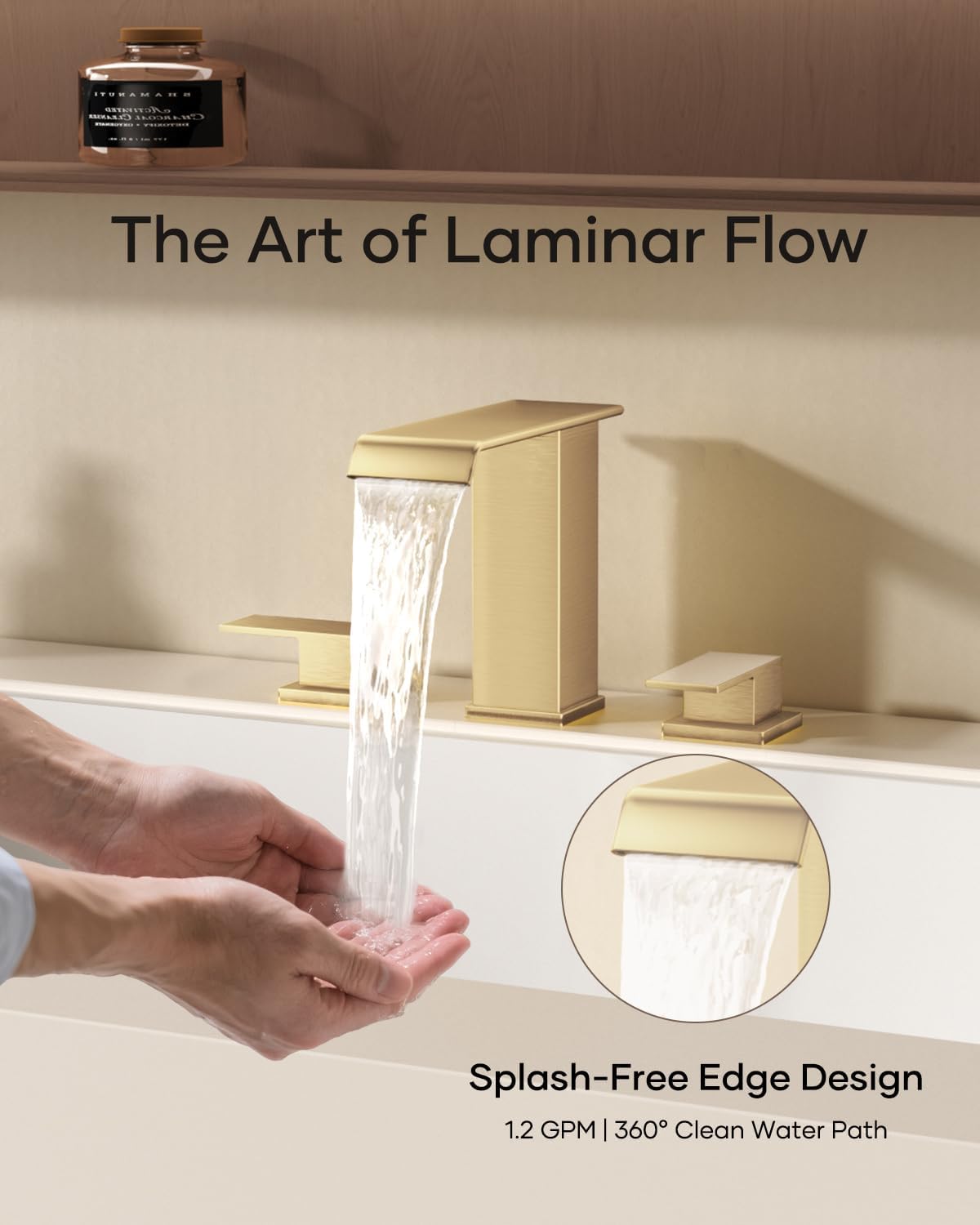 Waterfall Bathroom Faucet 3 Hole, Brushed Gold 8 Inch Widespread Modern 3 Piece Bathroom Sink Faucets & Parts, Touch On Lavatory Faucet for Bathroom Vanity - Image 5