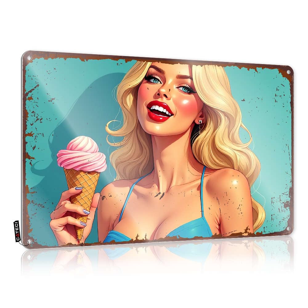 Sujd Colour Funny Wall Signs Industrial Hanging Home Decor - Woman Enjoying A Pink Ice Cream Cone. Gift For Doctor Rustic Style Artwork For Home(20X30cm)