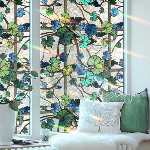 Tanlaby Grapevine Fensterfolie Pflanzen Bunt Blickdichte Sichtschutzfolie Fenster Doppelseitiger Statischer Anti-Kollision Statische Folie für Fenster Glas Tür Dekoration, 45 x 100 cm