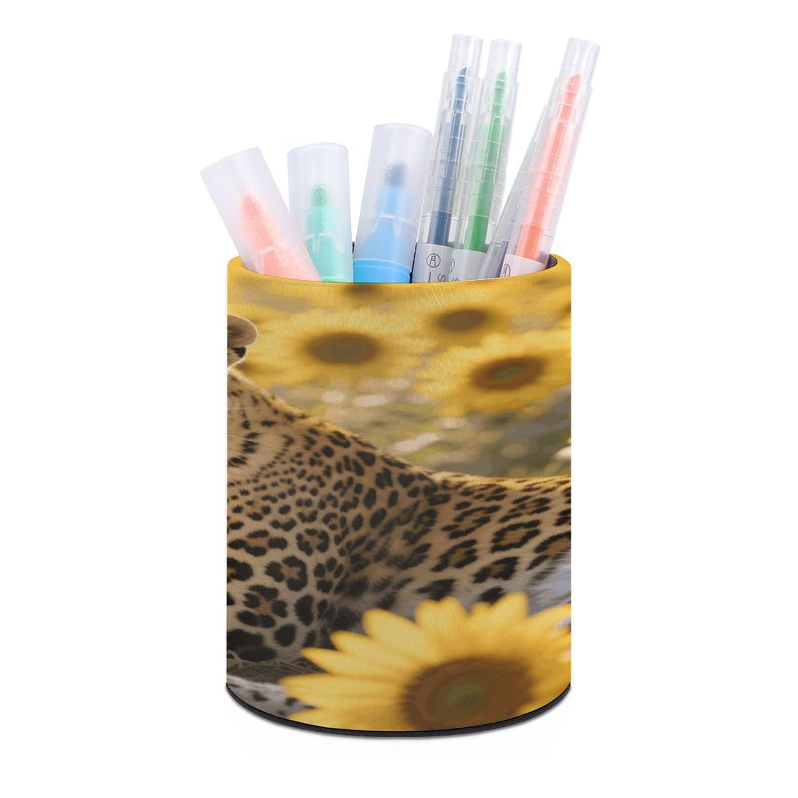 VstaDank Sunflower Leopard Pen Holder Round Pencil Holder Cup Pen Container PU Leather Desk Organizer Stand Decor Brush Scissor Holders Decoration Office Desk Home (3.1 X 3.9 Inches)