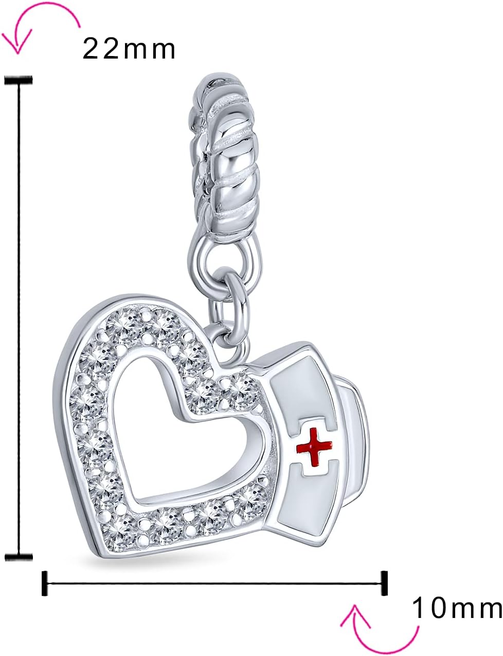 Bling Jewelry Caduceus RN Nurse Hat Cap Heart Shape Graduate Crystal CZ Dangle Bead Charm White Enamel .925 Sterling Silver Fits European Bracelet