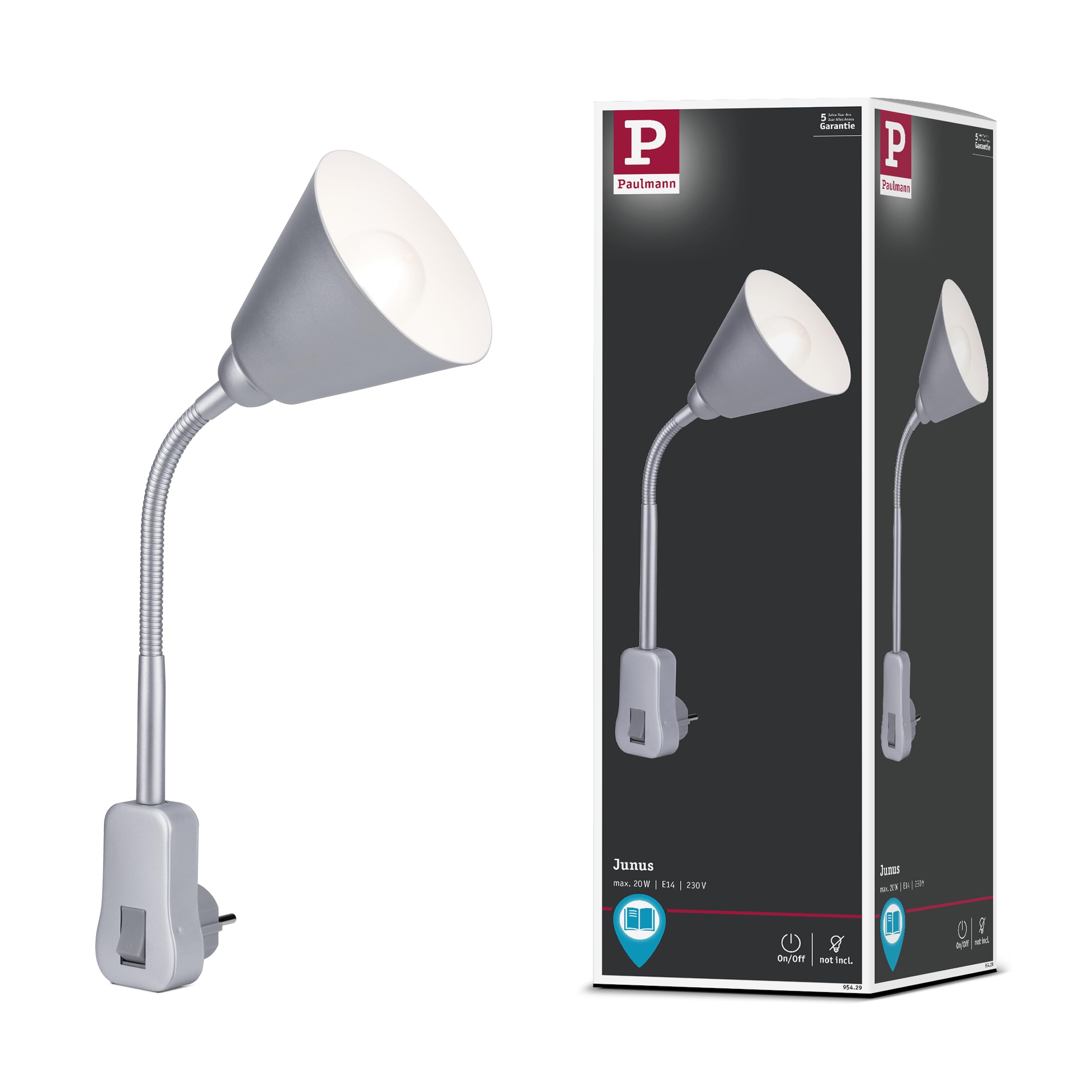 Paulmann 95428 Lampada da presa Junus con braccio flessibile max. 20 Watt lampada bianco metallo, plastica luce E14