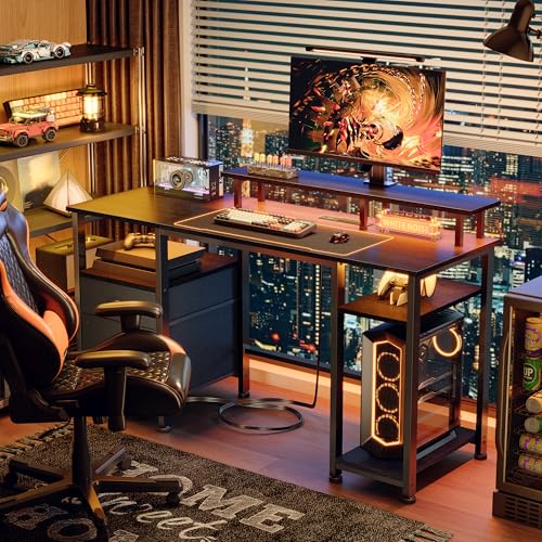 Image of Furologee 51 inch Gaming Desk with Power Outlets & LED Lights, Reversible Computer Desk with File Cabinet & Monitor Stand for Home Office, Large Work Table with Storage Shelves & Drawer, Black