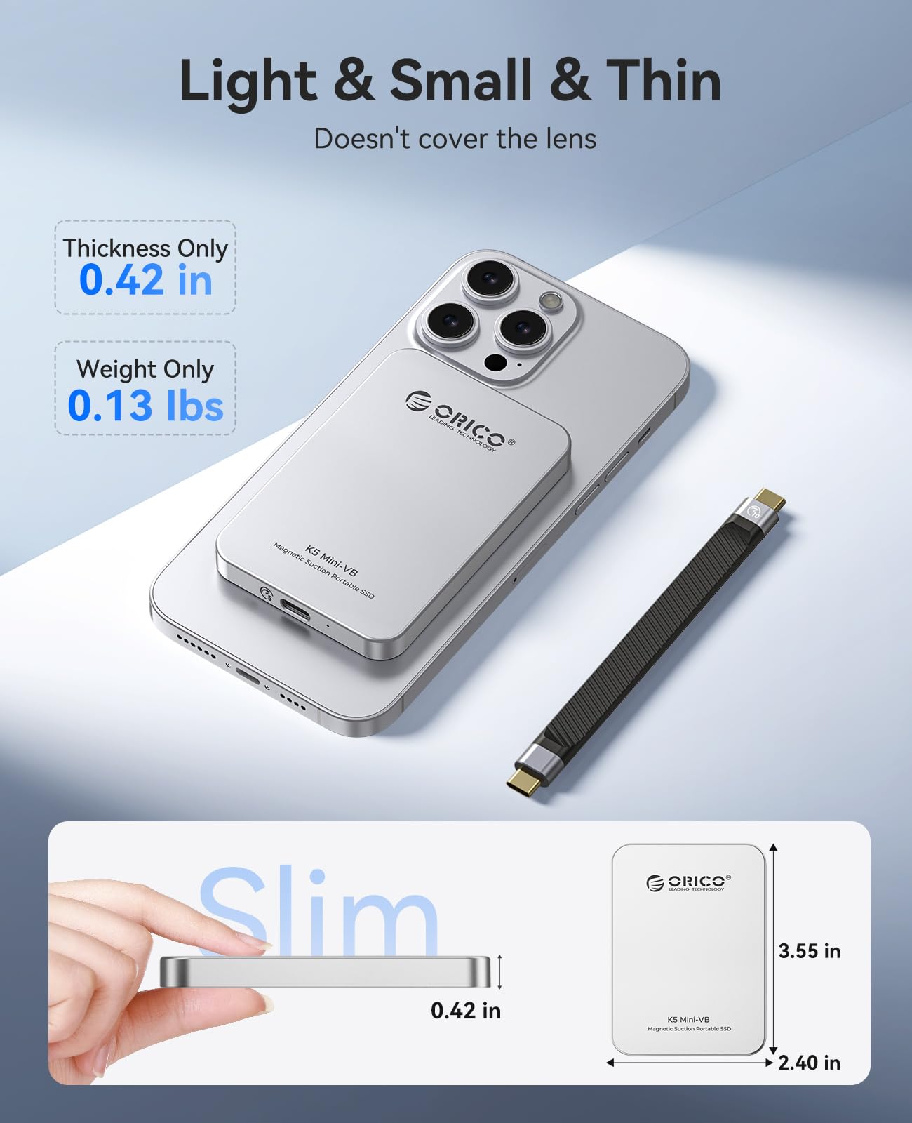 ORICO Magnetyczny zewnętrzny dysk SSD, 480 GB, stop aluminium, do 460 MB/s, zewnętrzny dysk SSD, rozszerzenie pamięci do iPhone 17 Pro Max, kompatybilny z MagSafe, smartfonami USB‑C – K5MINI