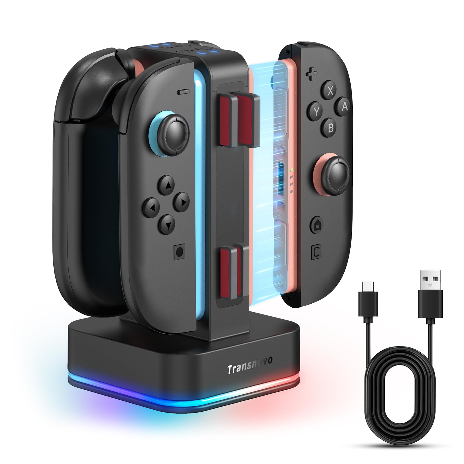 TRANSNOVO Ladestation für Nintendo Switch 2, 4-Fach Controller Ladestation mit LED-Anzeige, 9 RGB-Beleuchtungsmodi, 8 Spielkarten-SpeicherpläTZE & Gleichzeitiges Laden von 1–4 Joy-Cons