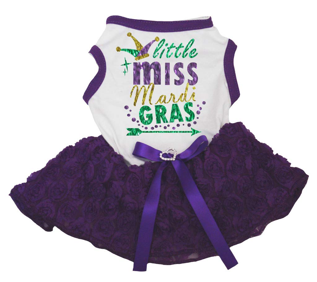 Petitebella Clown Little Miss Mardi Gras Puppy Dog Dress (White/Purple Floral, Medium)
