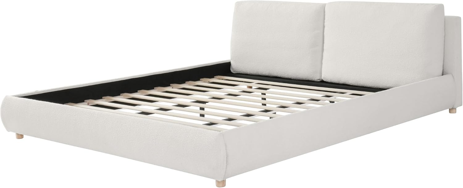 King Size Bed Frame with 2 Removable Pillow Headboard, Boucle Fabric Marshmallow Upholstered Platform Cloud Bed, King Soft Frame Cream Bedframe, Wood Slats Support, White Beds
