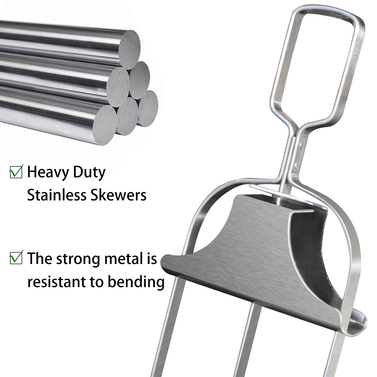 Pinchos de acero inoxidable de 3 puntas para barbacoa Pinchitos con barra deslizante, fácil extracción de alimentos, 2 pinchos, un cepillo para untar y bolsa de almacenamiento