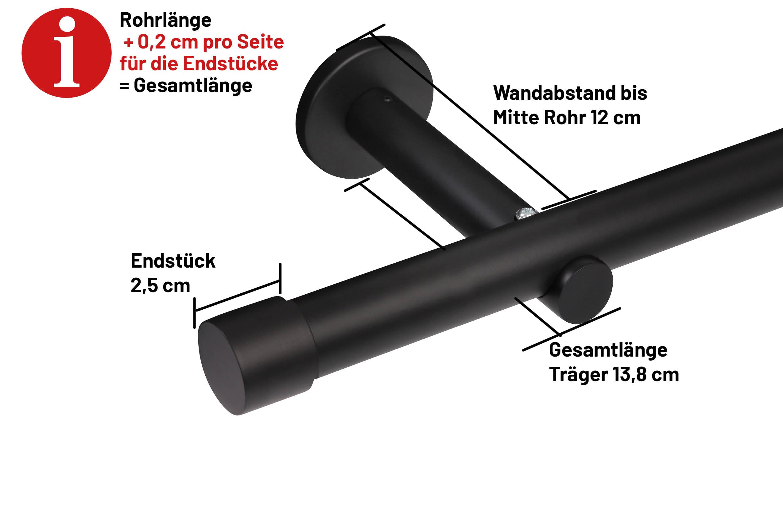 Deco-Raum Gardinenstange auf Maß 25mm Wandträger Style Endstück Cap schwarz-matt nach Maß gefertigt, ohne Ringe 130 cm