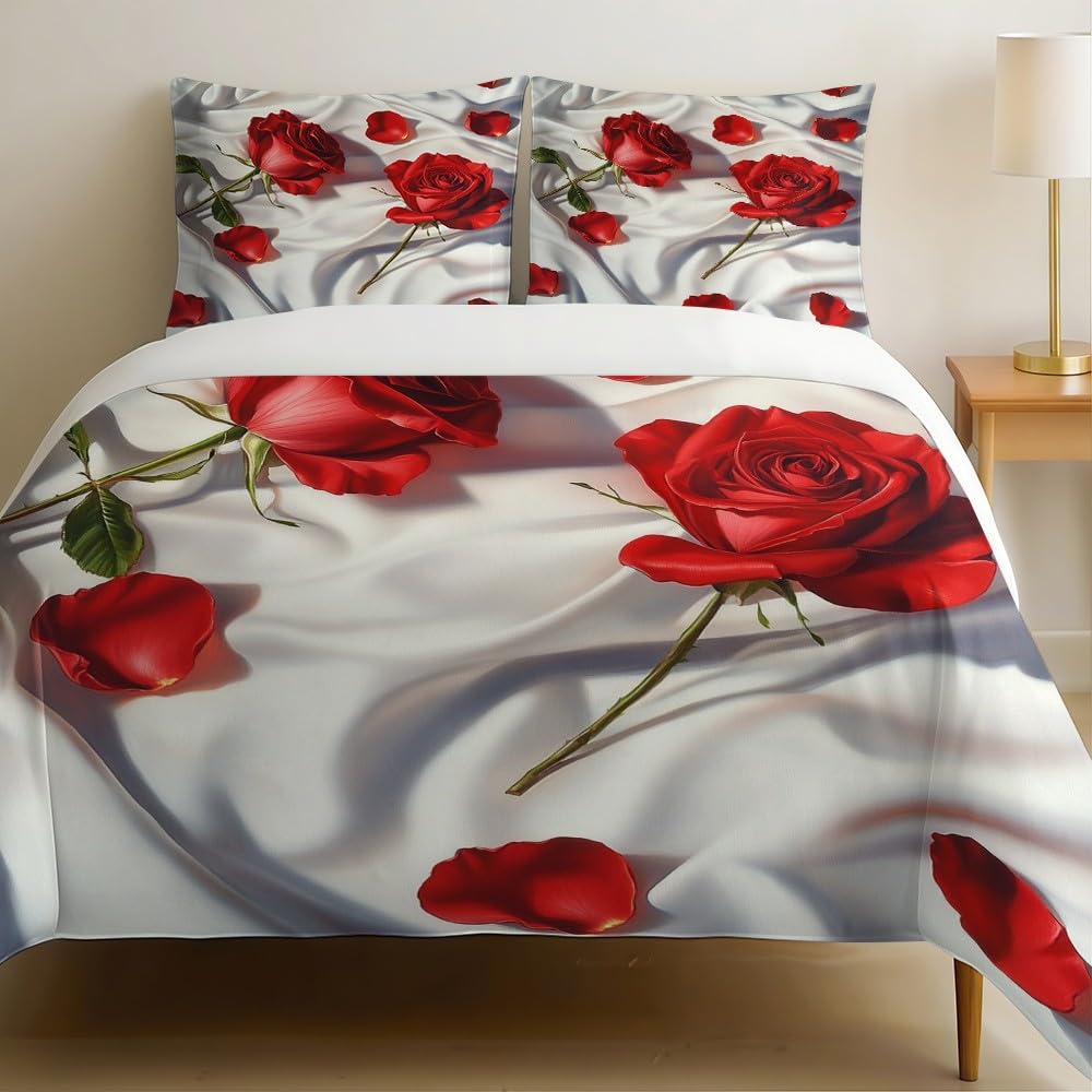 Housse de couette roses rouges 200 x 200 parure de lit enfant 3 pièces