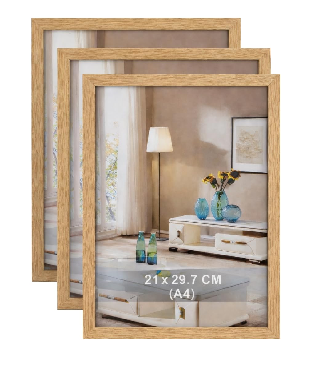 BH | A4 Photo Frames Set of 3 | 21 x 29.7cm Natural Oak Wooden Frame | Picture Frames for Tabletop and Wall Mounting | Vertical & Horizontal Display for Living Room, Bedroom & Office - by Best House