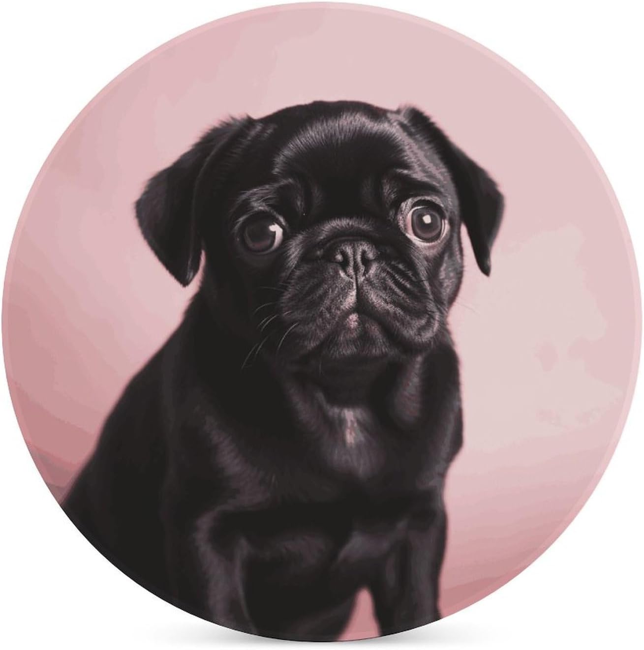 環境に優しいセラミックコースター、コルクの裏地付き。丈夫でスタイリッシュ。かわいいブラックパグプリント。コーヒーテーブルの装飾。ご自