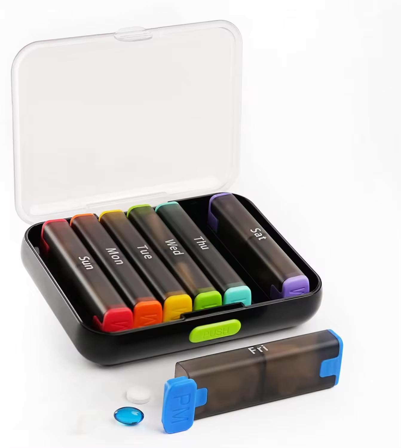 Pilulier quotidien – Pilulier hebdomadaire compact extra large pour 7 jours, rangement mensuel des médicaments (noir et couvercle arc-en-ciel)