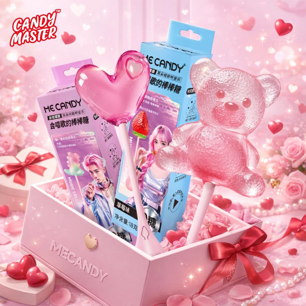 Candy Master 4D Music Lollipop 4D design shaped in Bear,Strawberry,Dinasour,Love Heart Fruity Flavor,Strawberry,White peach sugar free singing lollipop