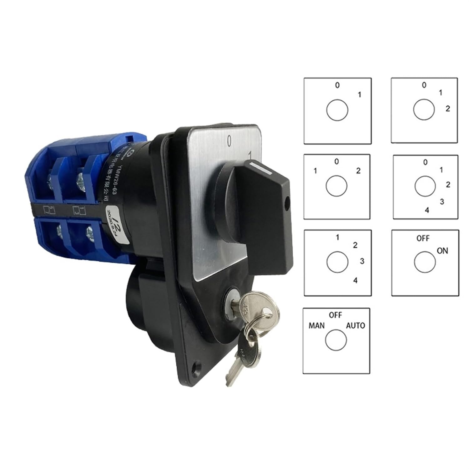 1Pcs with Key 63A 660V Circuit Control Motoer Selector LW26-63/2 Two Poles Silver Contact YMW26-63 Changeover Rotary Cam Switch(Off-ON)