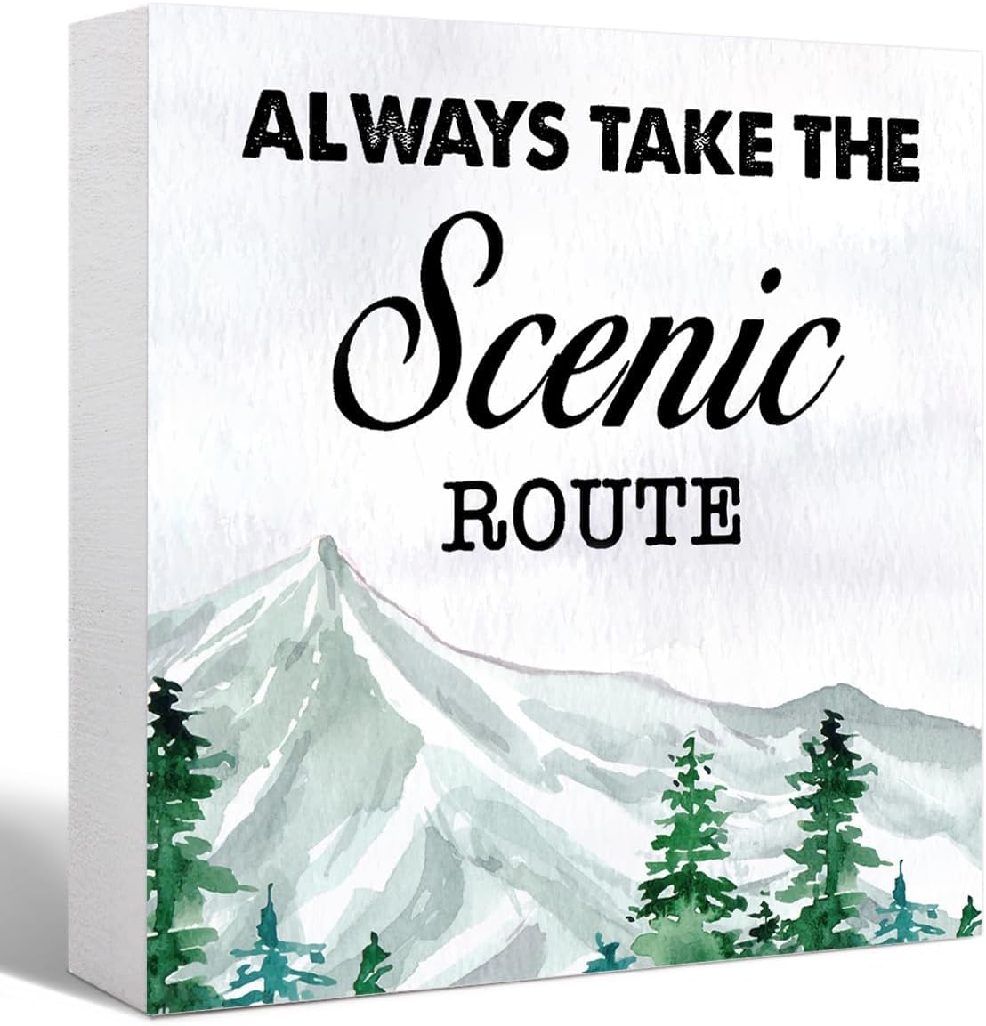 5x5 Inch Scenic Route Box Sign, Rustic Mountain Quote Desk Decor
