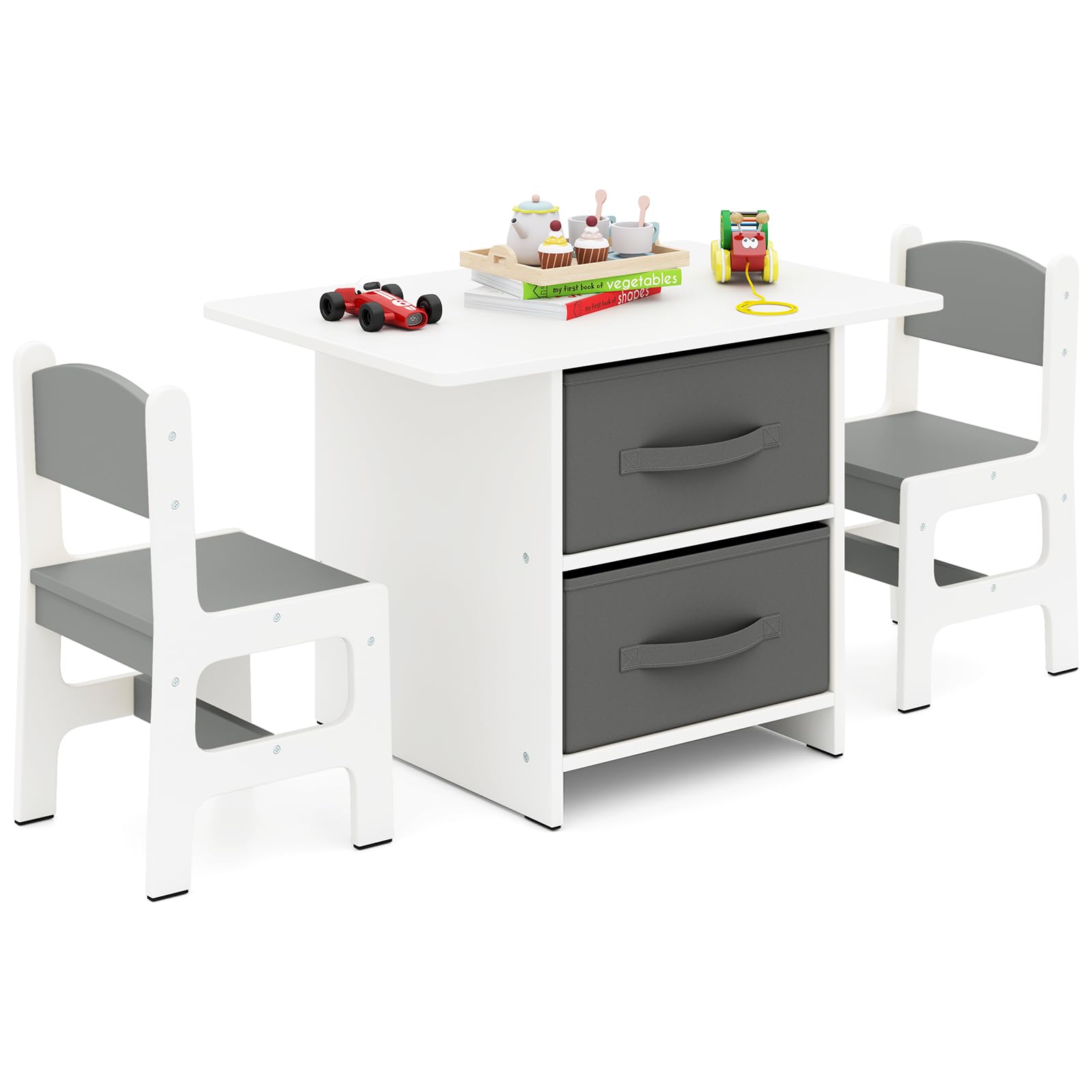 COSTWAY Set Tavolo e Sedie per Bambini 1-7 Anni, Tavolino in Materiale Atossico e Indore con 2 Sedie Ergonomiche con Schienale, Angoli Arrotondati, Ideale per Giocare, Disegnare e Leggere (Grigio)