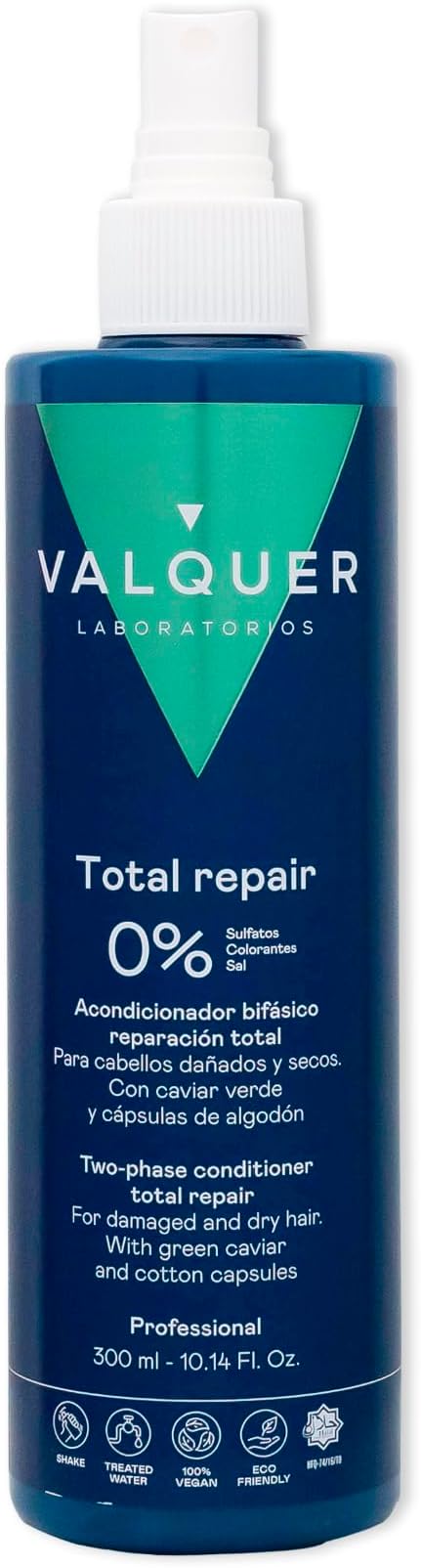 VALQUER Total Repair Biphasic Conditioner Zero Formula | Repairs, Softens & Nourishes Dry and Damaged Hair | Intense Hydration with Green Caviar & Cotton Capsules | Vegan | 300 ml