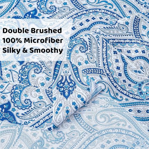 Image of Softan Blue Paisley Printed Bed Sheets King Size, Floral Sheet Set King, Brushed Polyester Microfiber Fitted Sheet with 15 inch Deep Pocket & Non-Slip Straps, Blue Flower Patterned Sheet & Pillowcase Sets