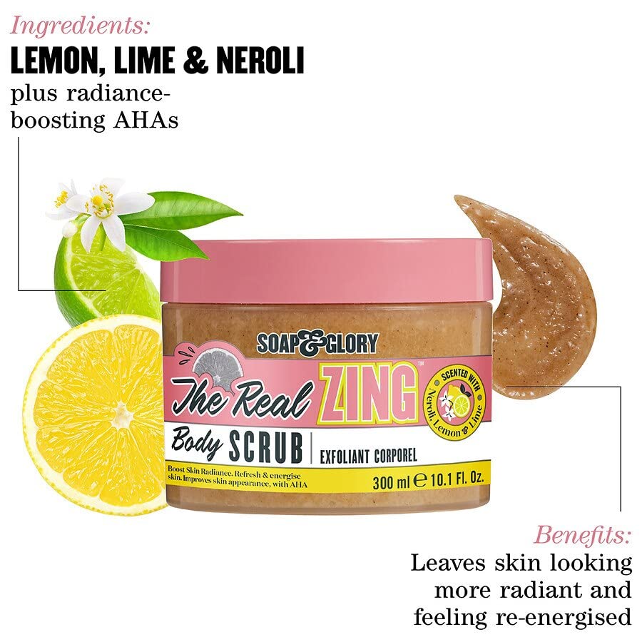 Miniatura 3 de Soap & Glory The Real Zing Body Scrub - Exfoliante de azúcar suavizante y pulidor, esmalte corporal con aroma a cítricos y limón, exfoliante de sal