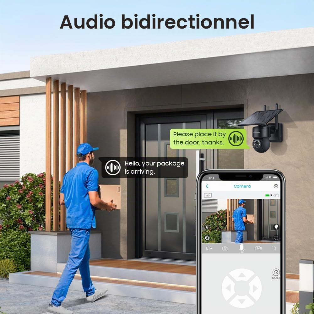 SHIWOJIA Camera Solaire Exterieur WiFi sans Fil, Tuya Exterieur, 2K Smart Life, 360° PTZ, Vision Nocturne Couleur, Audio Bidirectionnel, PIR Sirène (Noir)