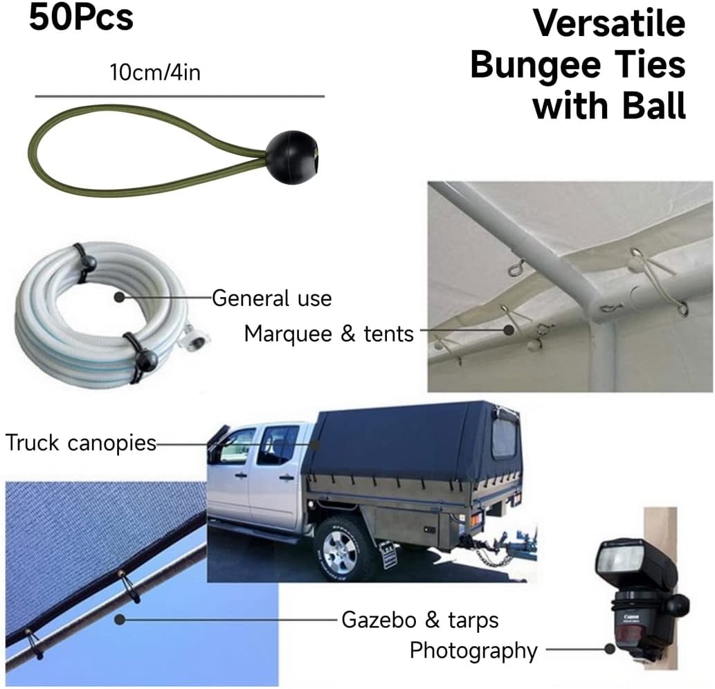 50 Pcs Bungee Ball Cord with Elastic Tie Down Stretch Rope, Heavy-Duty for Canopies Tents Tarps Pipes Wires Holding, 4Inch Green Weather Resistant Cords