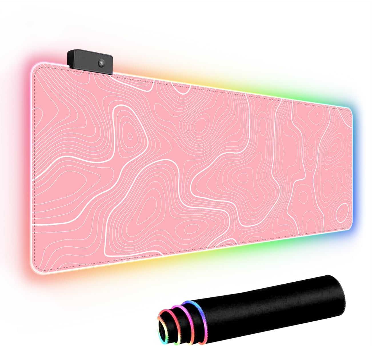 Black RGB Mouse Pad LED Desk Mat Topographic Line Design