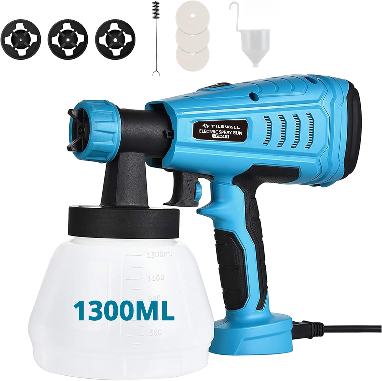 Tilswall Paint Sprayer, Electric Paint Gun with 1300ml Detachable Tank max 1200ml/min, 3 Spray Patterns, 3 Nozzle Sizes for Fence, Cabinet, Home Painting