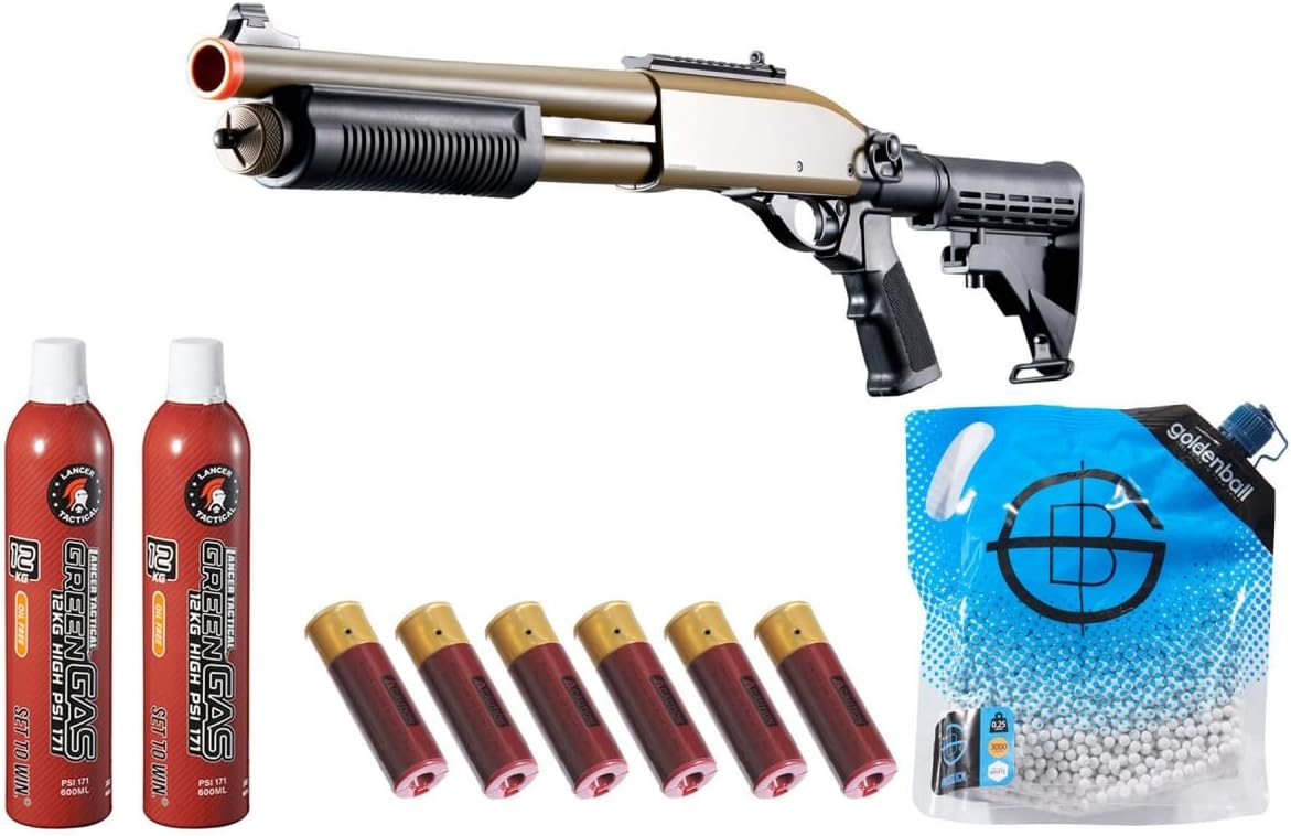 Golden Eagle M8871 3/6-Shot Pump Action Gas Airsoft Shotgun with Extra Shell & 2 Pack Green Gas - (Tan)