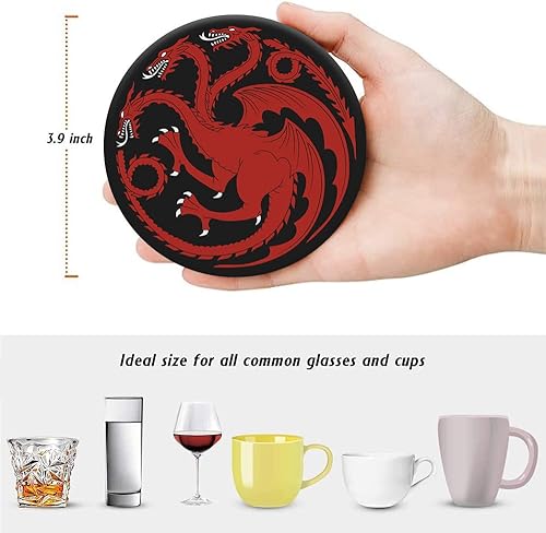 Miniatura 2 de HUXJOKO Juego de 6 posavasos para bebidas, con signo heráldico de dragón Targaryen, posavasos de cerámica absorbente, tapete redondo de piedra, con