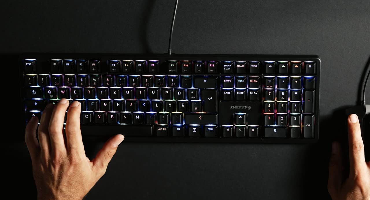 CHERRY G80-3000N RGB, układ międzynarodowy, klawiatura QWERTY, klawiatura przewodowa, mechaniczna klawiatura do gier, CHERRY MX SILENT RED SWITCHES, czarny