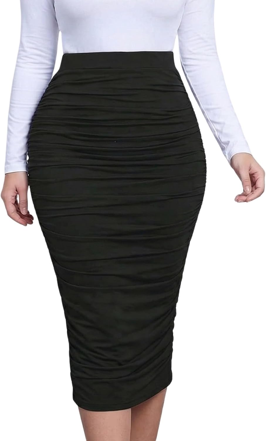 Women's Plus Size Ruched Midi Pencil Skirt Elegant High Waisted Bodycon Work Office Skirts