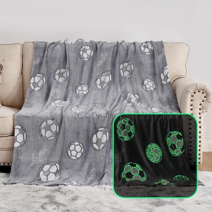 Image of Glow-in-The-Dark Kids Blanket a€ inch Polar Fleece Soft Lightweight Single Bed Blanket with Unicorn Jacquard Print, Multicolor (Grey FOODBALL)