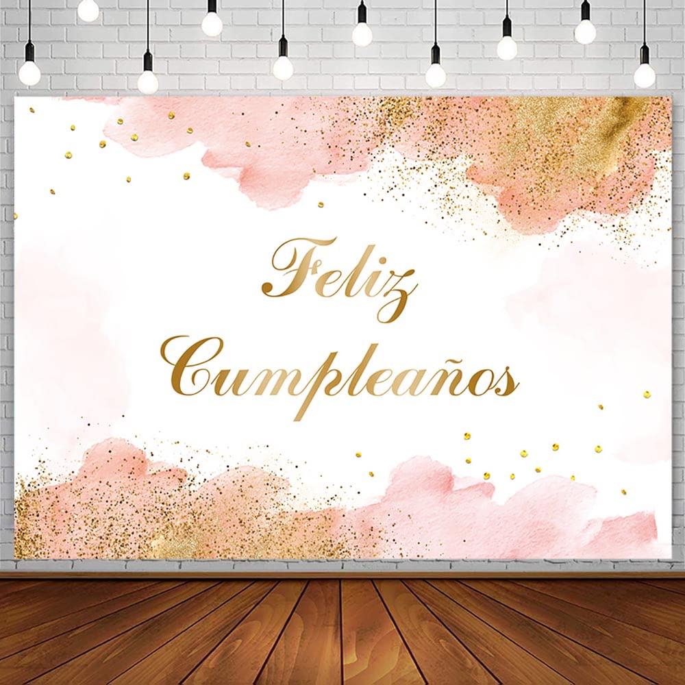 AIBIIN 7x5ft Feliz Cumpleaños Backdrop for Girl Mexican Fiesta Happy Birthday Party Decorations Blush Pink Watercolor Clouds Gold Glitter Photography Background Carnival Bday Photo Shoot Studio Props
