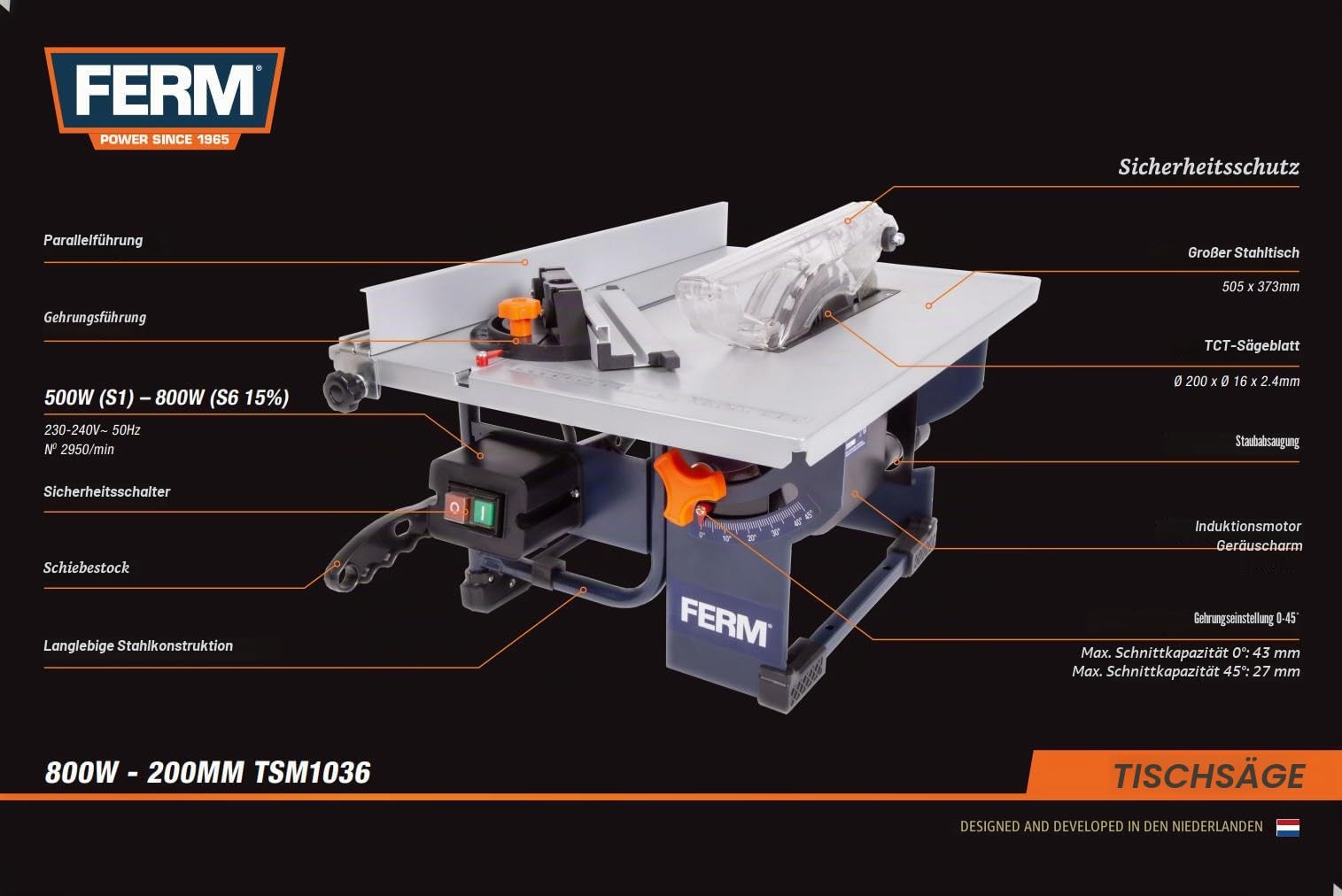 FERM Tischkreissäge 800 W – Inkl. Ø 200mm 24-Z-Sägeblatt, Gehrungsführung, Parallelführung, Schubstange und Staubsaugeranschluss