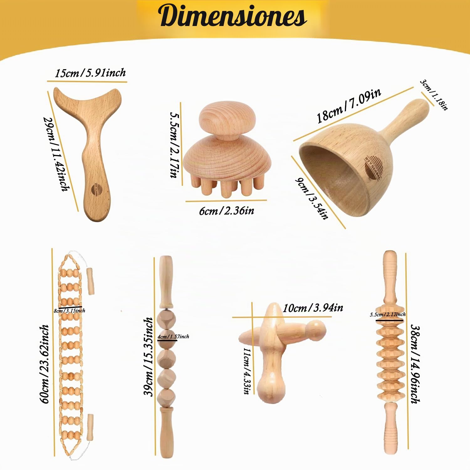 Masajeador de Madera 7 Piezas, Maderoterapia Corporal, Masaje Manual para Drenaje Linfático, Reducción de Celulitis y Relajación Muscular, Kit Completo de Herramientas Terapéuticas