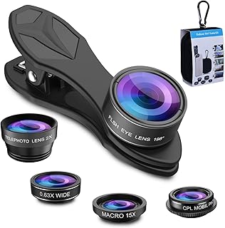 APEXEL Kit de Lentes 5 en 1 para cámara de teléfono – Objetivo Gran Angular de 0,63 X y Objetivo Macro 15X + Lente Ojo de pez de 190°/CPL + 2 teleobjetivos compatibles con la mayoría de Smartphones