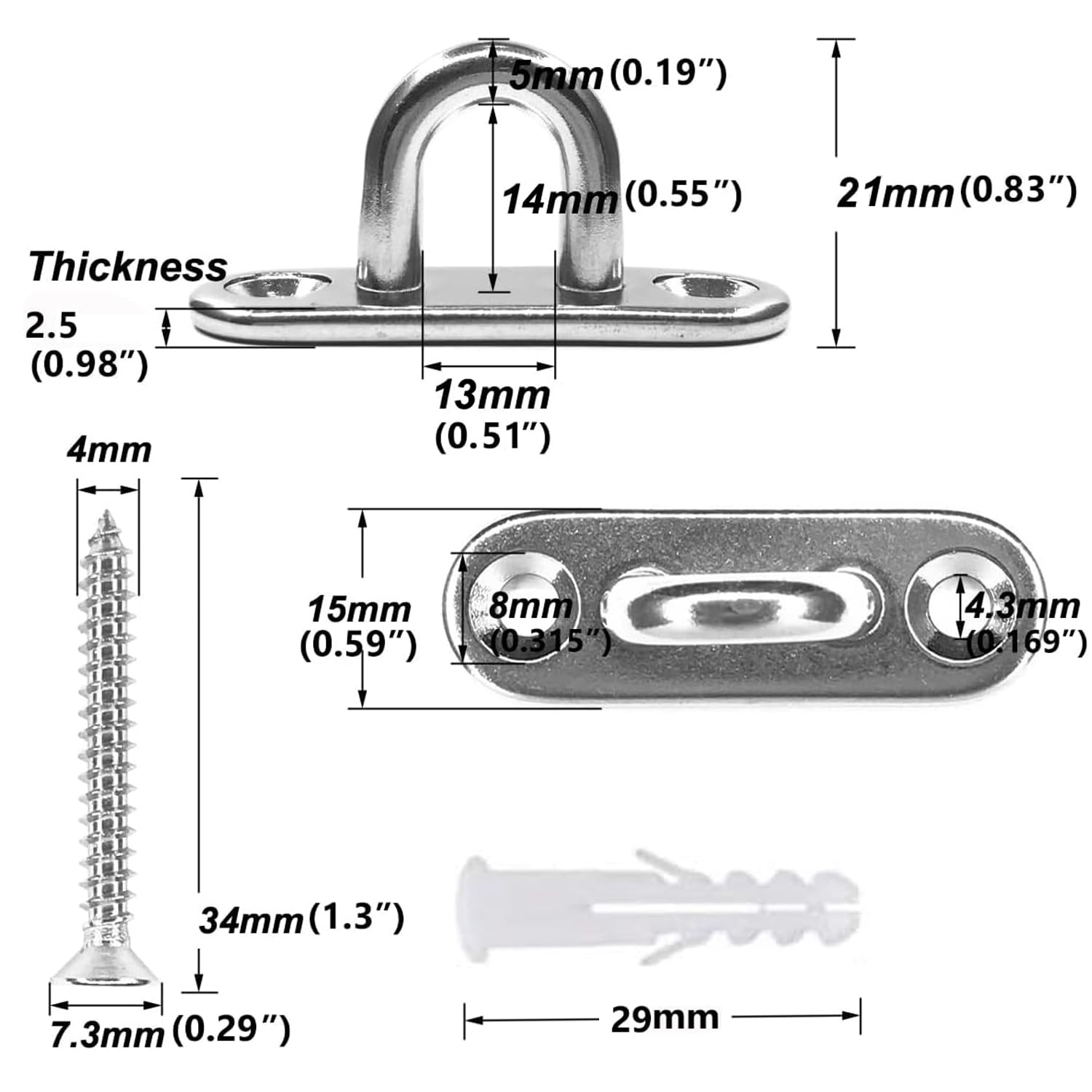 Greluma 8 Pz Ganci per soffitto in acciaio inossidabile M5 304 da 45 mm, ganci con occhielli, ganci per ferramenta marina con viti
