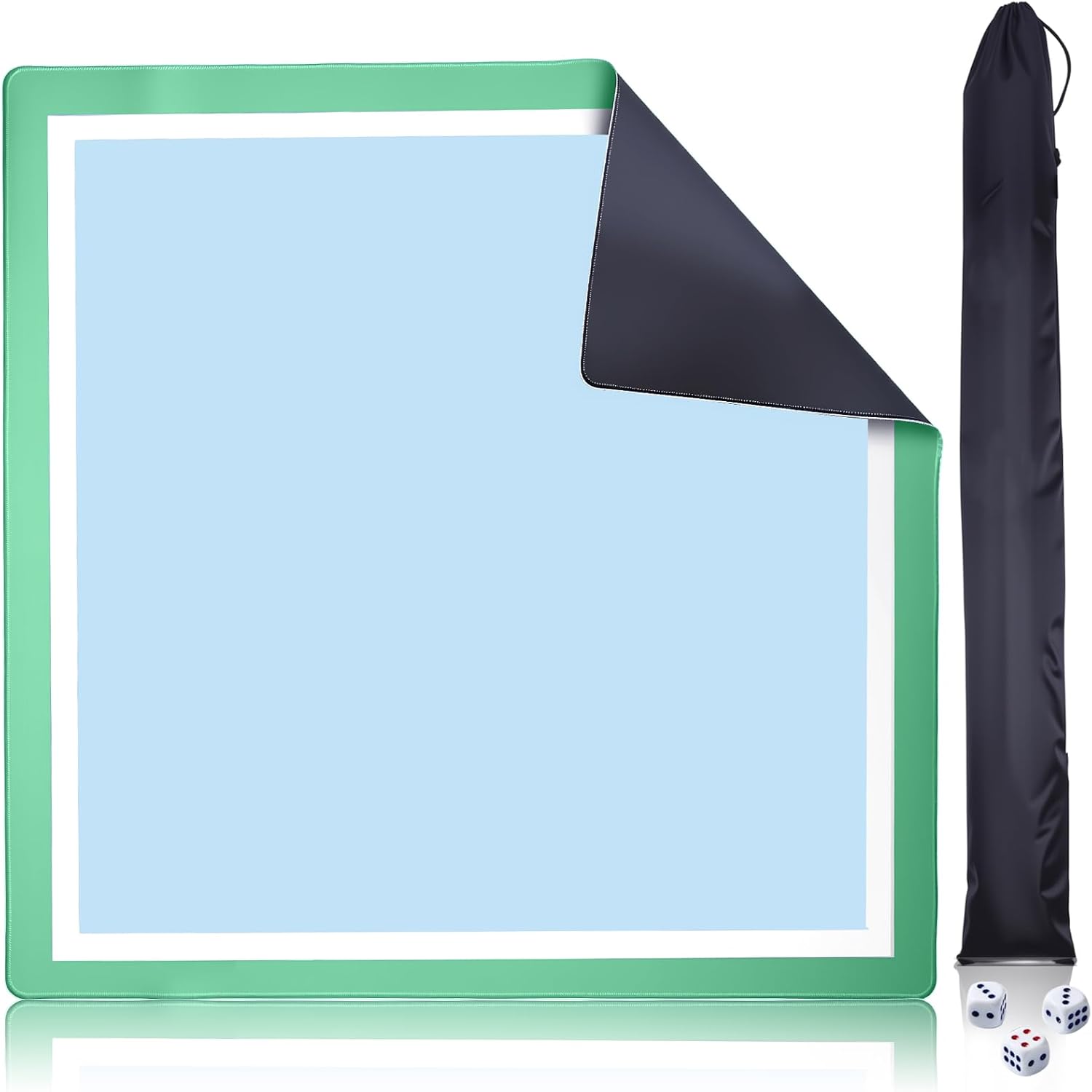 Light Blue Mah Jongg Mat 31.5x31.5 Inch 2mm Thick Neoprene Noise Reduction Non-Slip Table Game Mat for Table, Mahjong, Dominoes, Poker & Board Games, with Storage Bag & 4 Dice