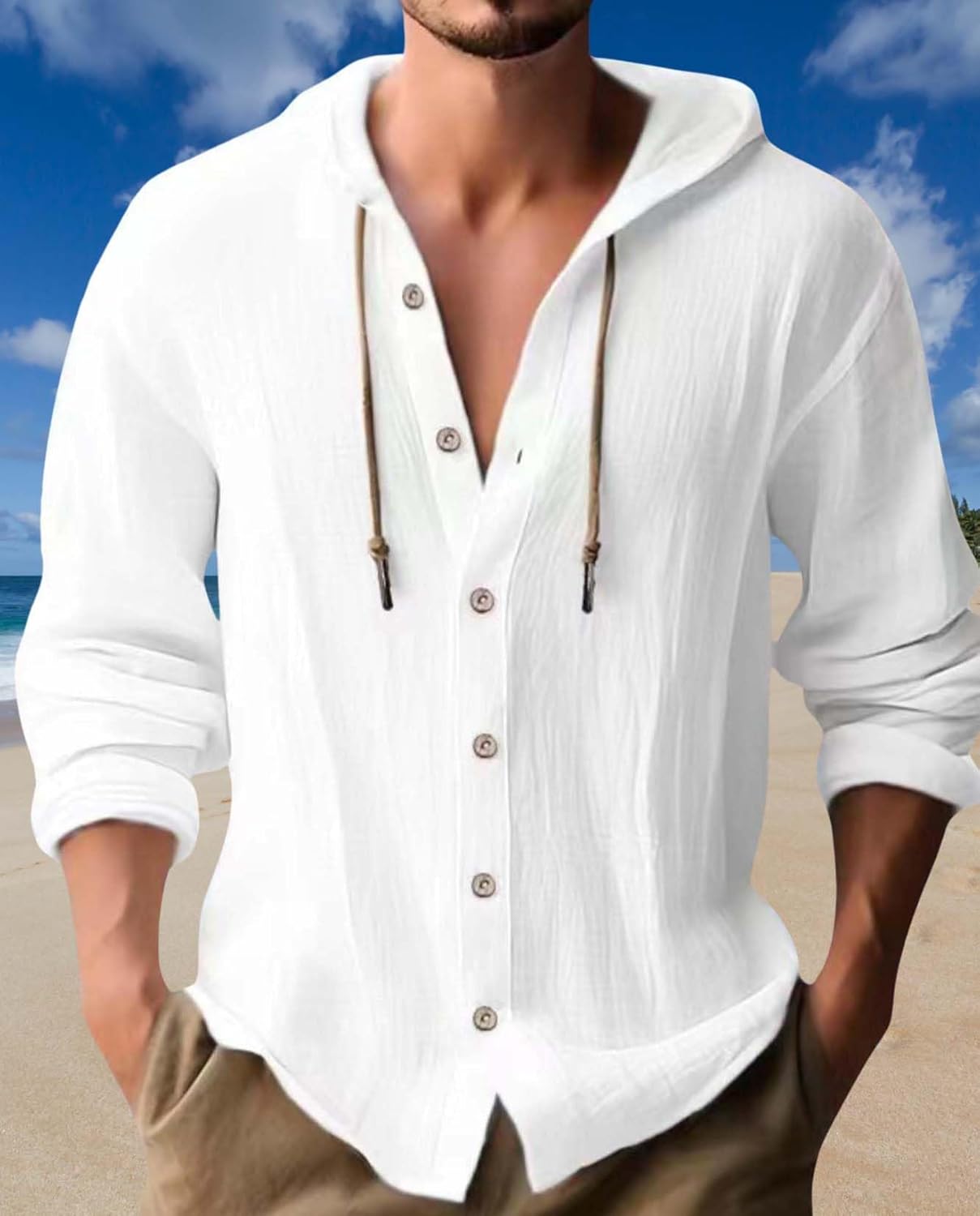Linen Hoodie Shirt for Men Long Sleeve Button Down Loose Lightweight Beach Vacation Shirts Top - Image 5