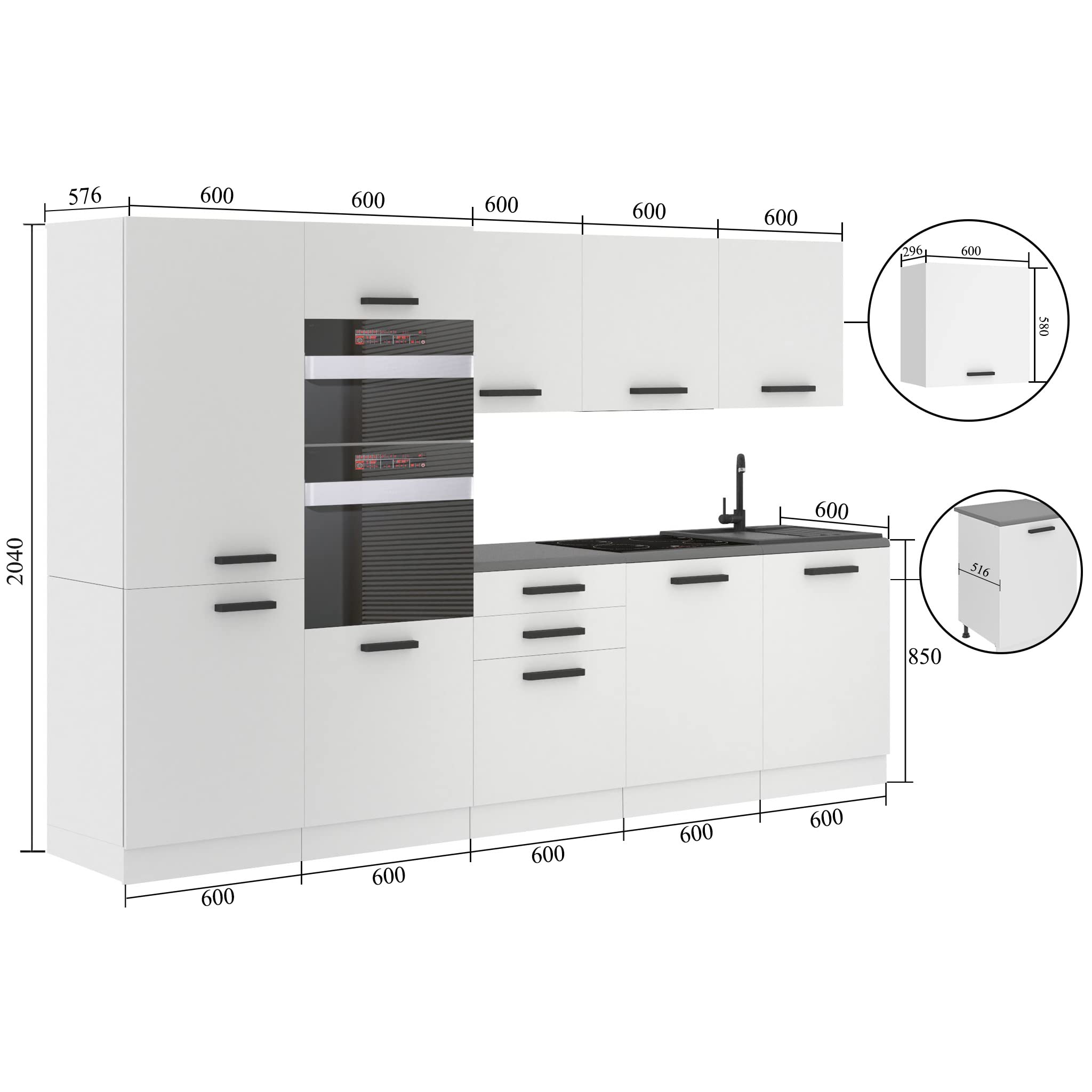 Belini cucina 300 cm Grace, con piano di lavoro, ebano reale