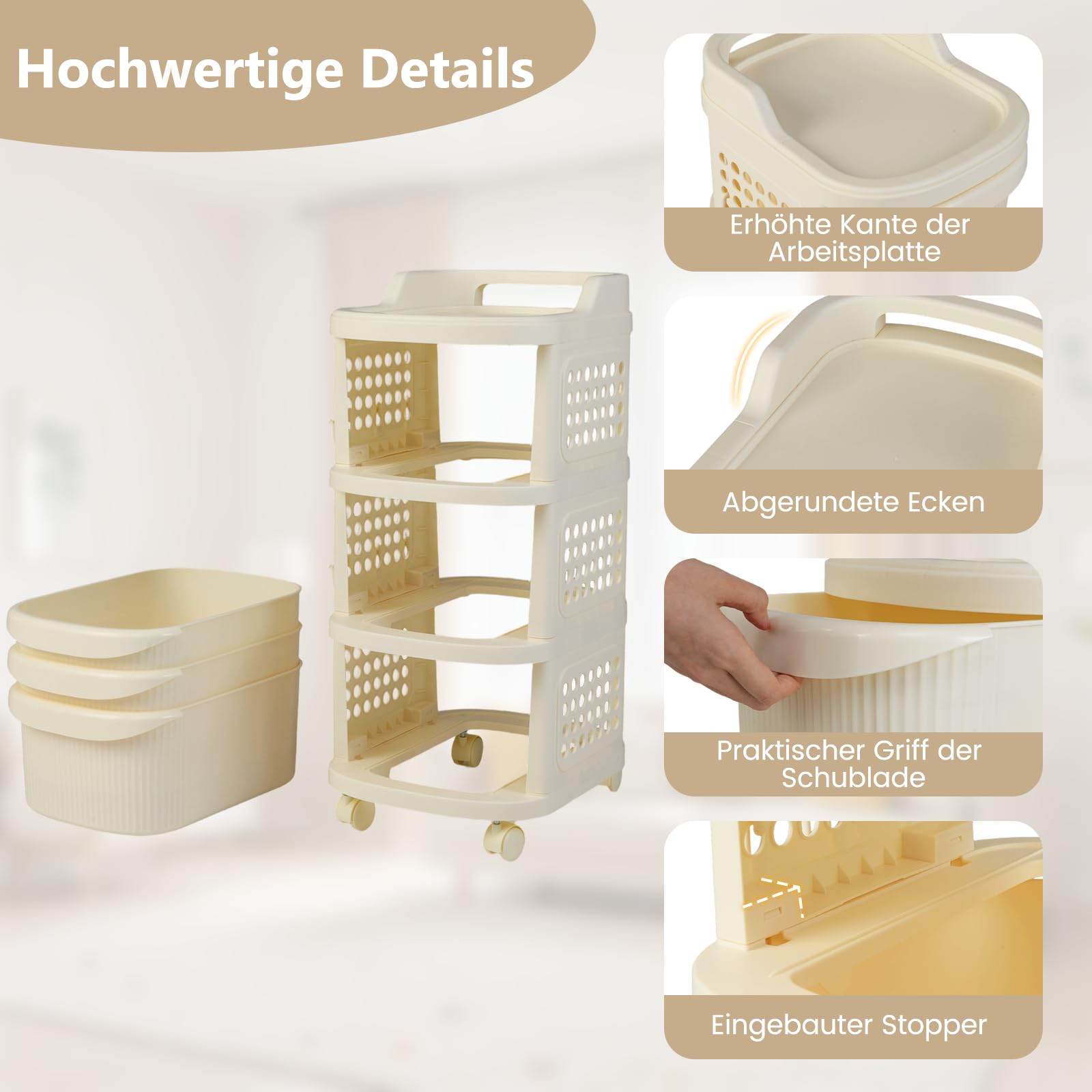 COSTWAY Nischenschrank schmal auf Rollen, Nischenregal 30cm breit, Nischenwagen mit 3 Schubladen, Pegboard, Griff & 6 Haken, Badrollwagen platzsparend, Rollwagen für Badezimmer, Küche, Weiß
