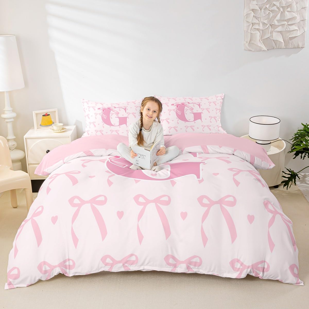 jejeloiu Cute Pink Bow Kids Bedding Set Full Size,Boys Girls Personalized Letter G Duvet Cover,Cute Coquette Bow Knot Comforter Cover,Initial Letter G Bedclothes Monogrammed Bedroom Decor,No Comforter