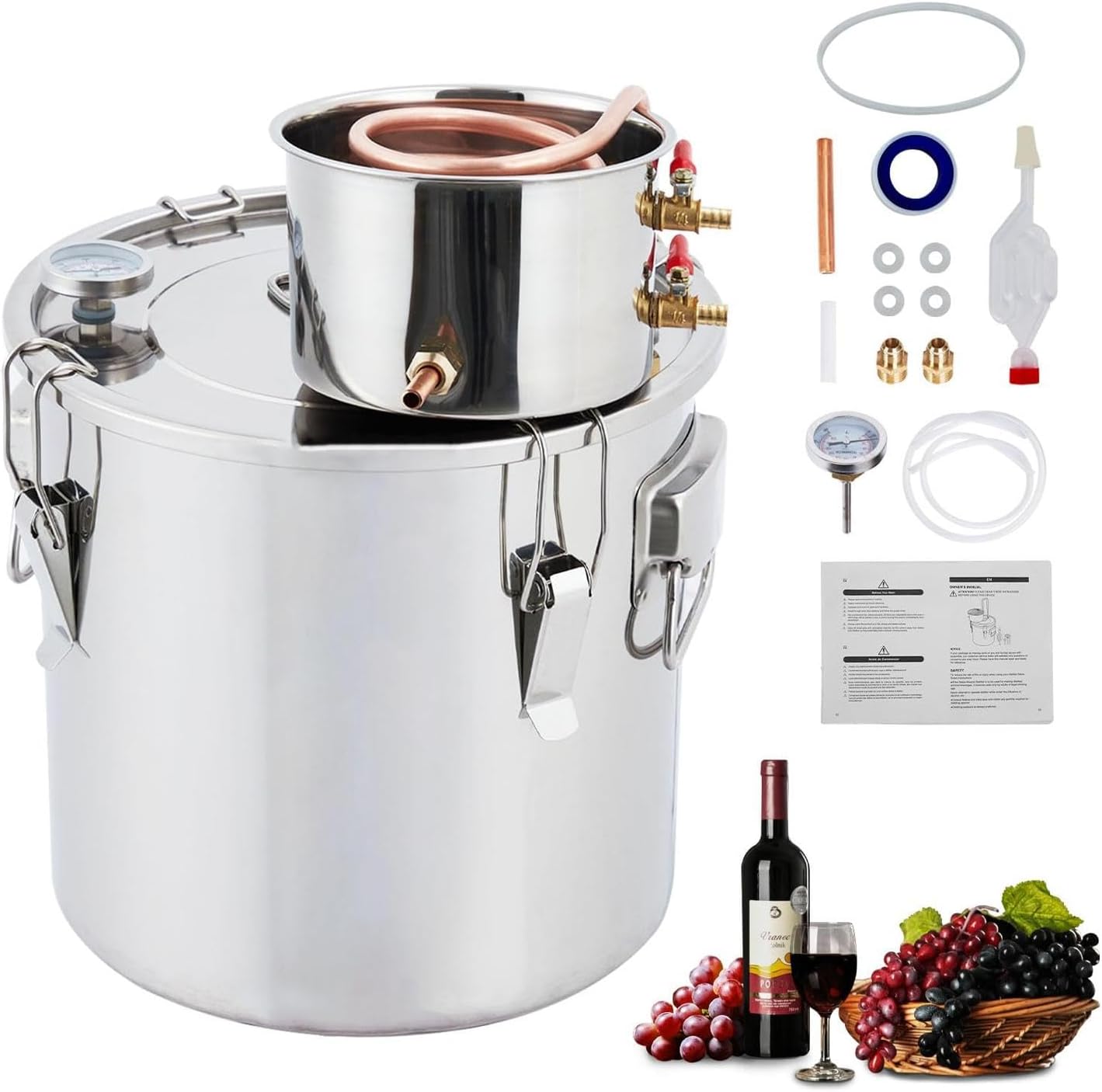 5Gal Stainless Steel Alcohol Still Kit with Copper Tube for Rapid Cooling, Food-grade Silicone Tubes, Build-in Thermometer - Perfect for DIY Whisky, Wine, Brandy - 19L Capacity