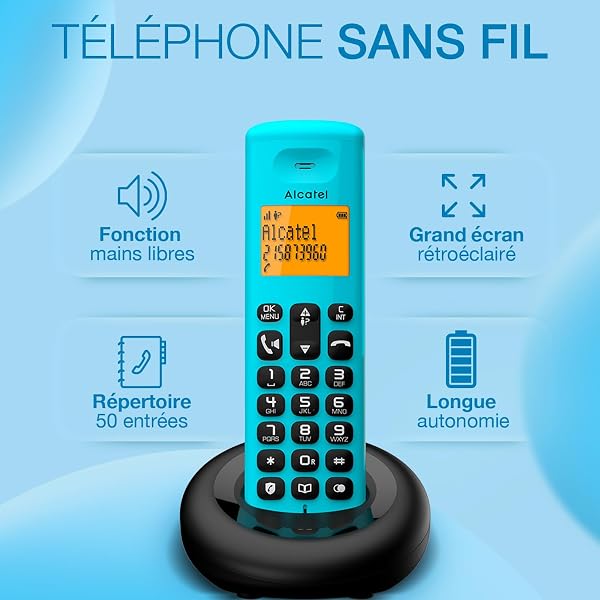 ALCATEL E260 - Téléphone Fixe sans Fil DECT - Design Compact - Grand Écran Rétroéclairé - Mains Libres - Fonction Blocage des Appels Indésirables - Bleu - 2