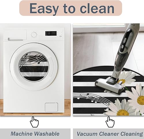 Miniatura 5 de Round Rug 3ft Daisy Music Note Stripes Background Circular Area Rug Washable Non-Slip Circle Rug for Living Room Bedroom Office Home Holiday Decor